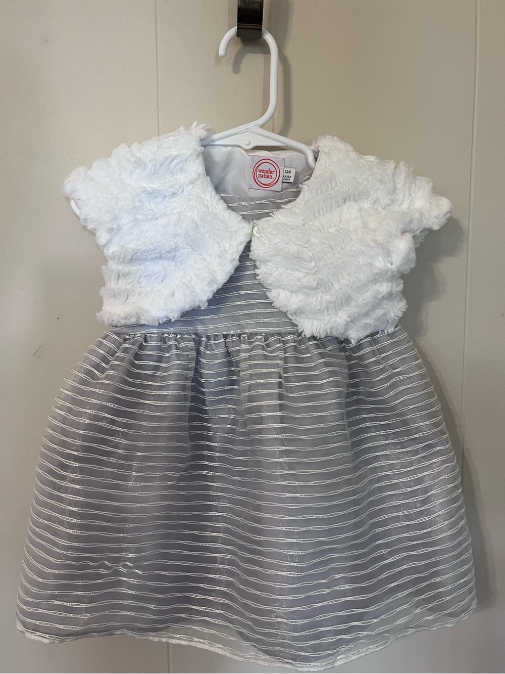wonder nation White Faux Fur Bolero with Silver-Striped Gray Dress
